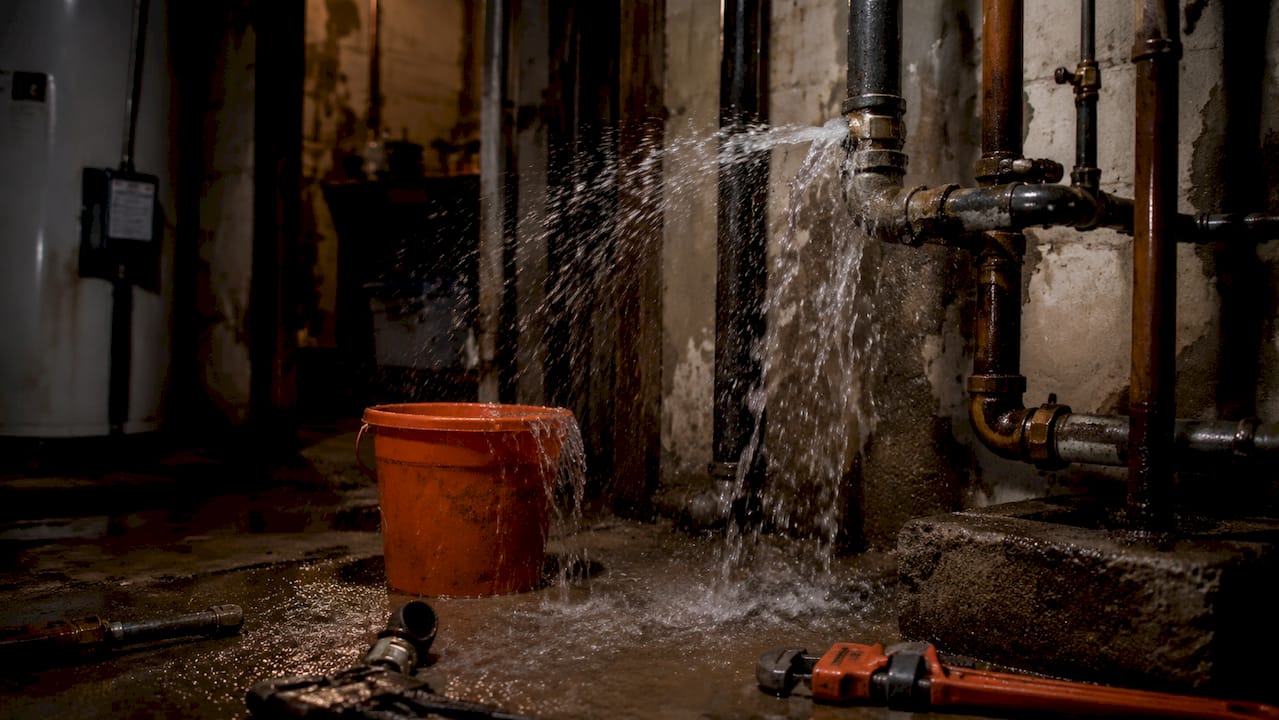 Burst pipe leaking water in basement