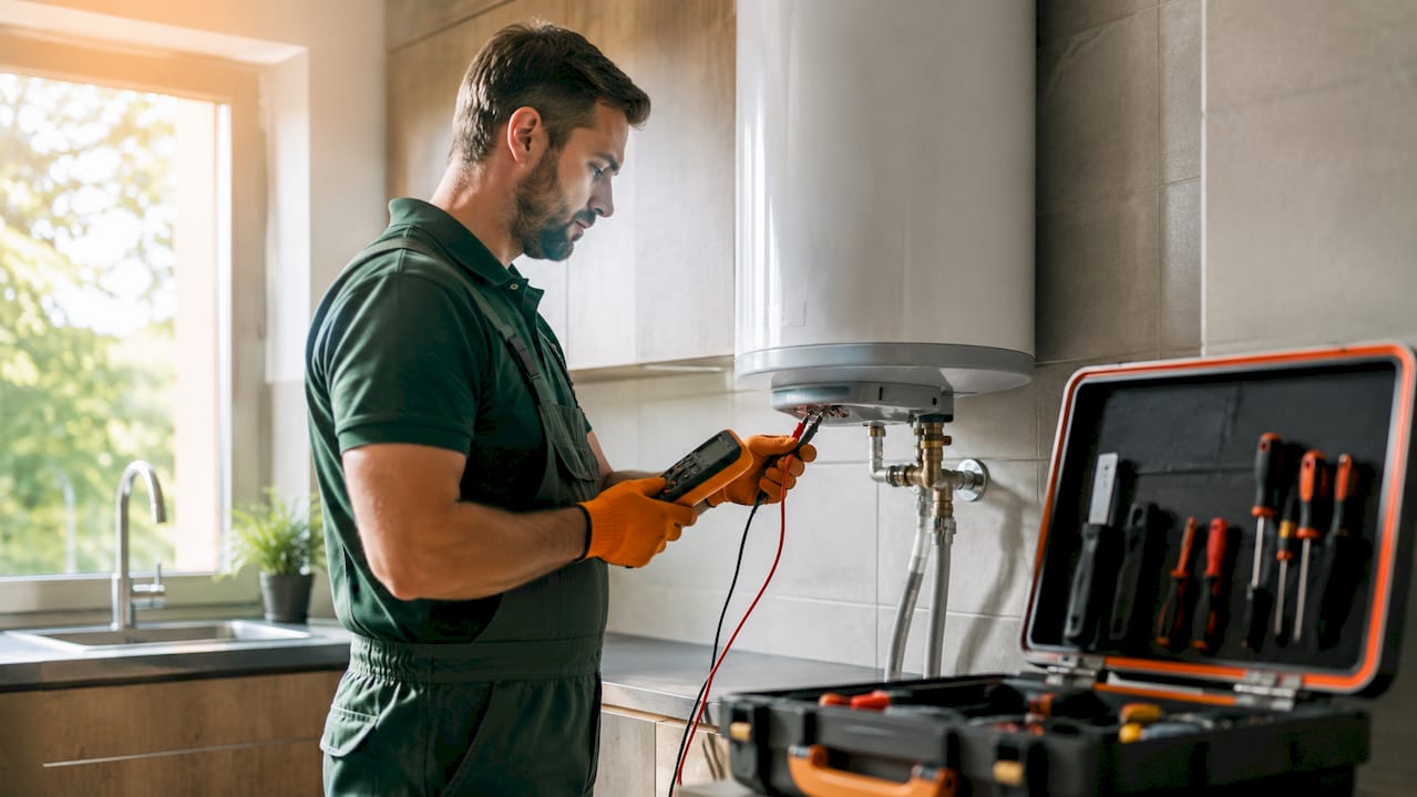 Plumber testing water heater element with multimeter