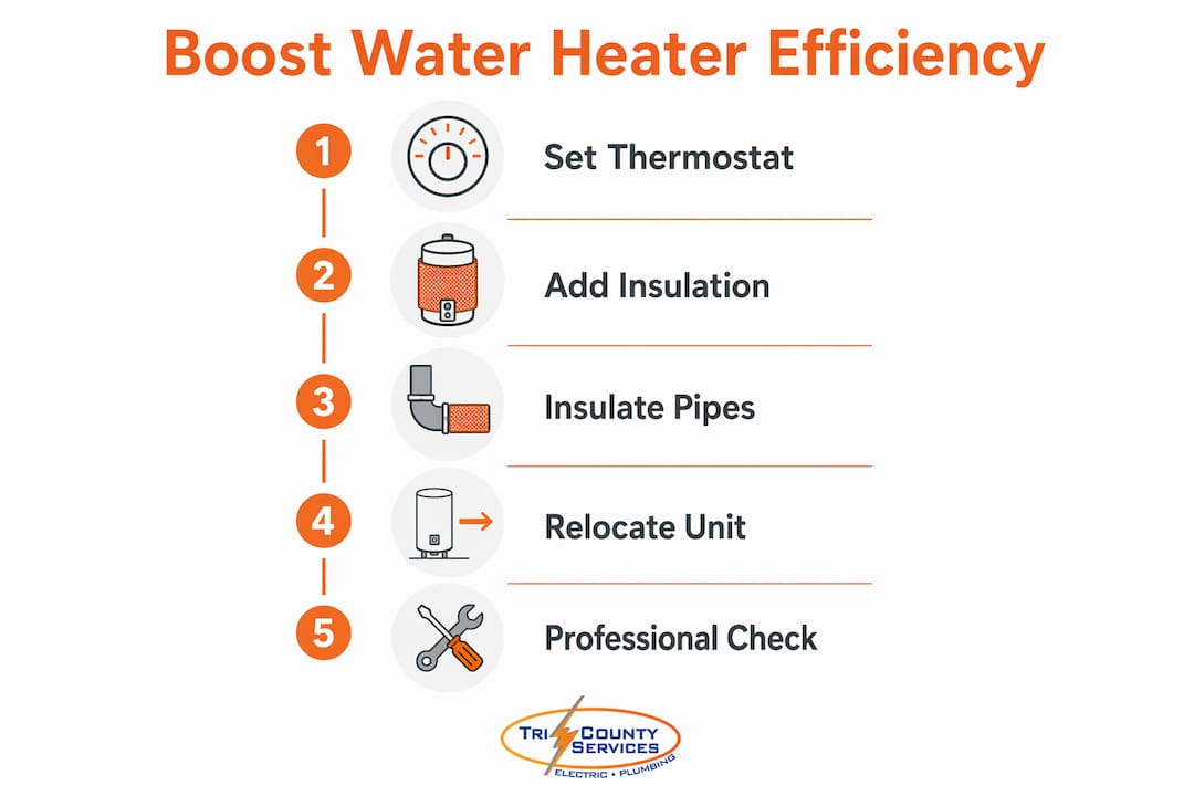 Infographic showing steps to improve water heater efficiency