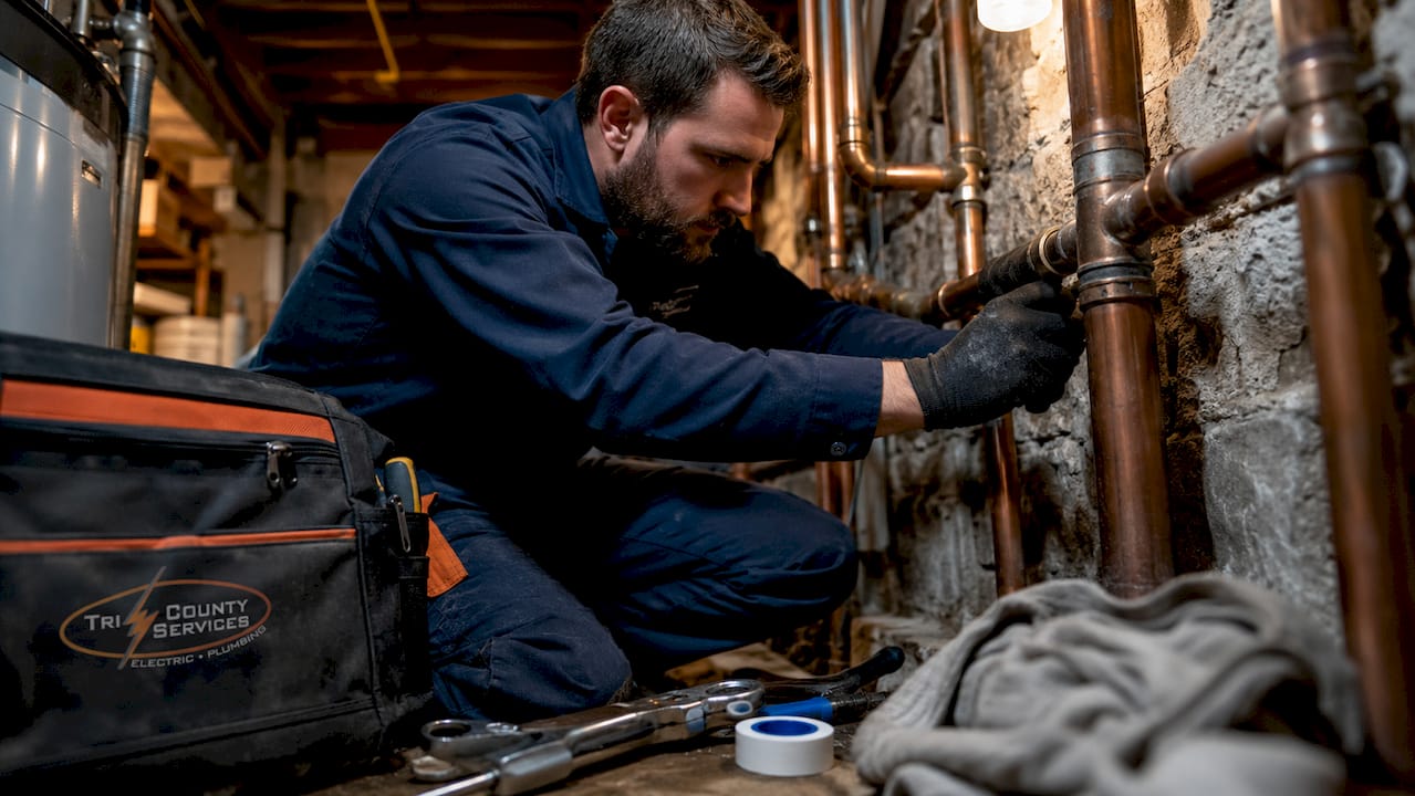 Plumber inspecting pipes under kitchen sink