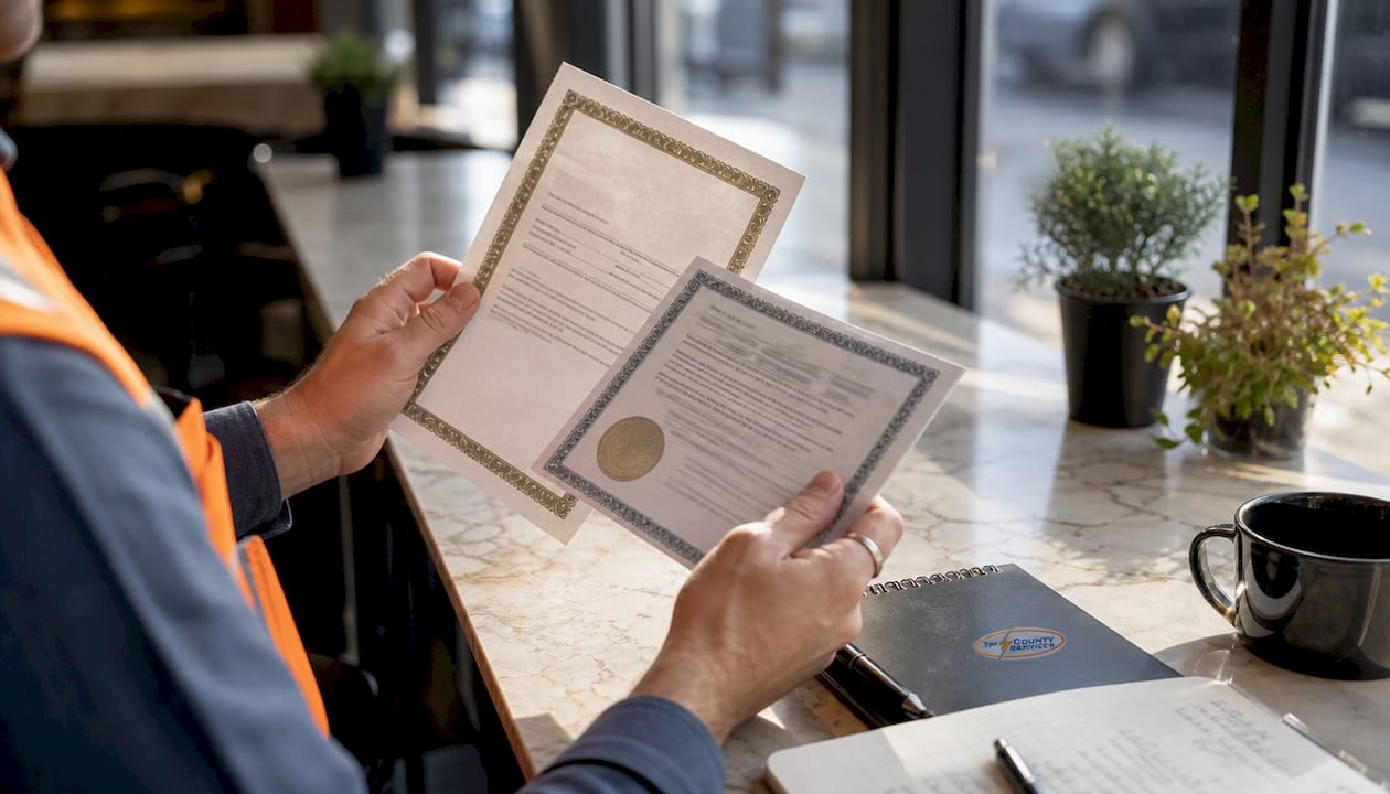 Hands holding electrician license and insurance documents