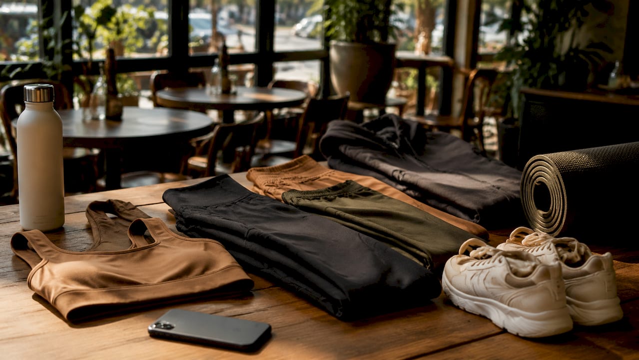 Overhead view of activewear core pieces laid out