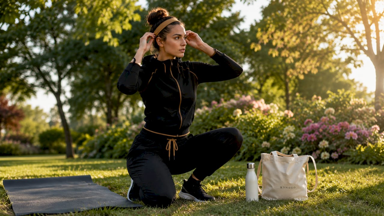 Woman tying shoelaces in lounge gym wear