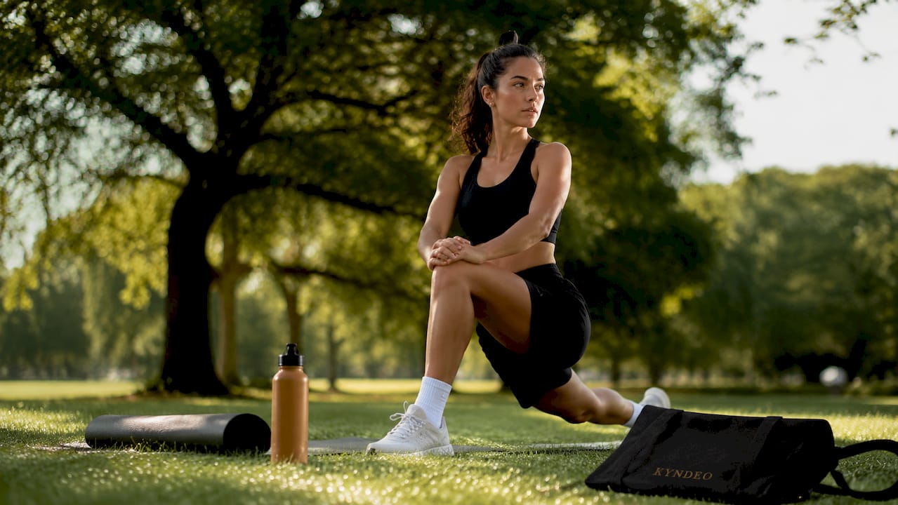 Athlete stretching in breathable fitted workout clothes