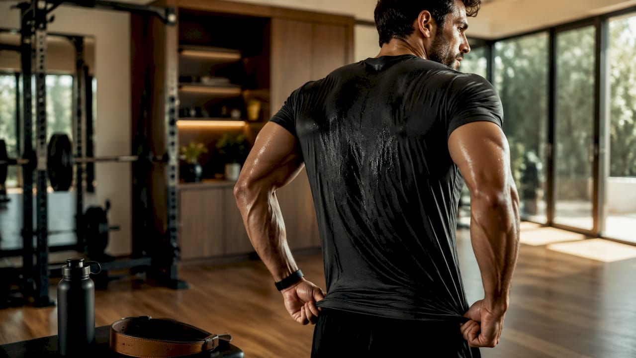 Weightlifter adjusting moisture-wicking shirt