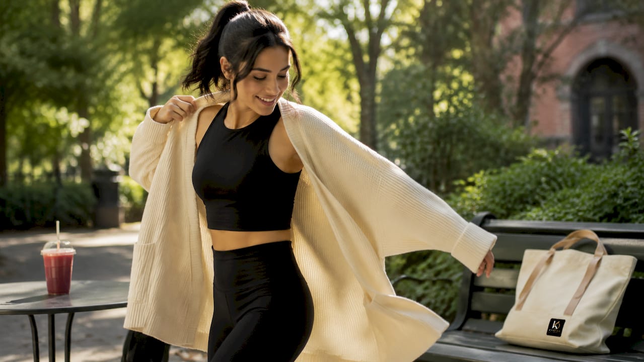 Person styling gym activewear with blazer outdoors