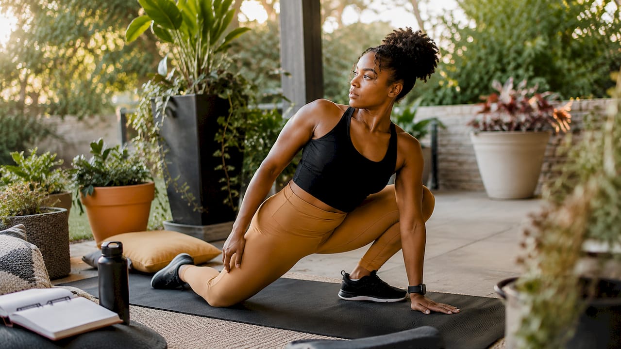 Woman stretching in activewear indoors near window