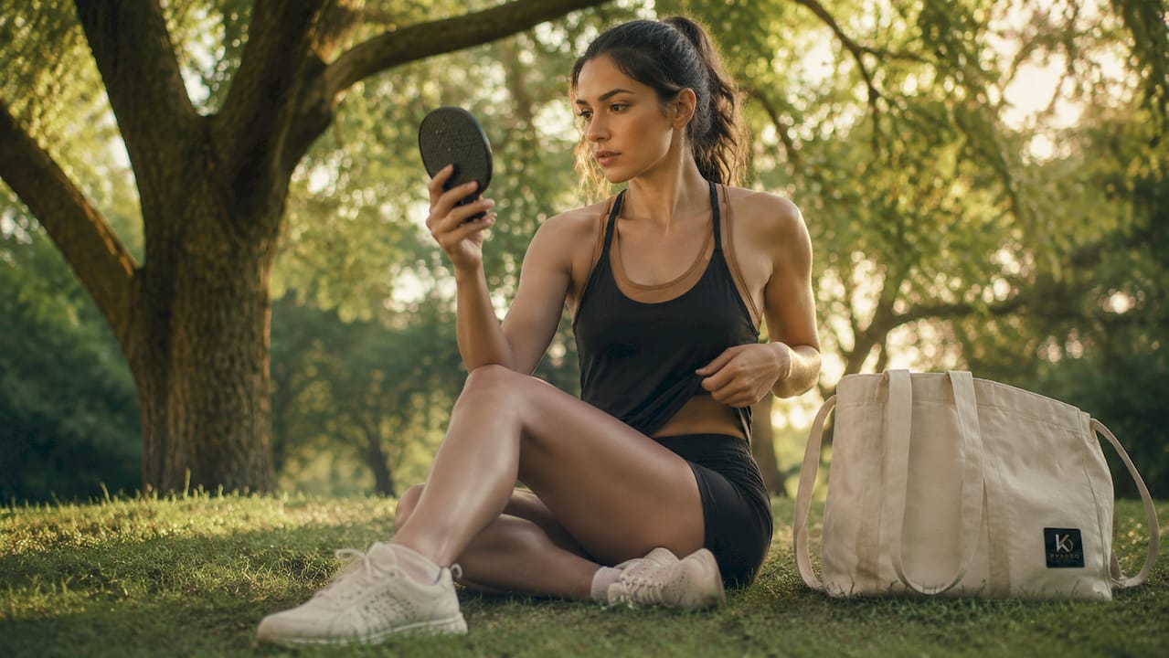 Woman adjusting workout tank top in home gym
