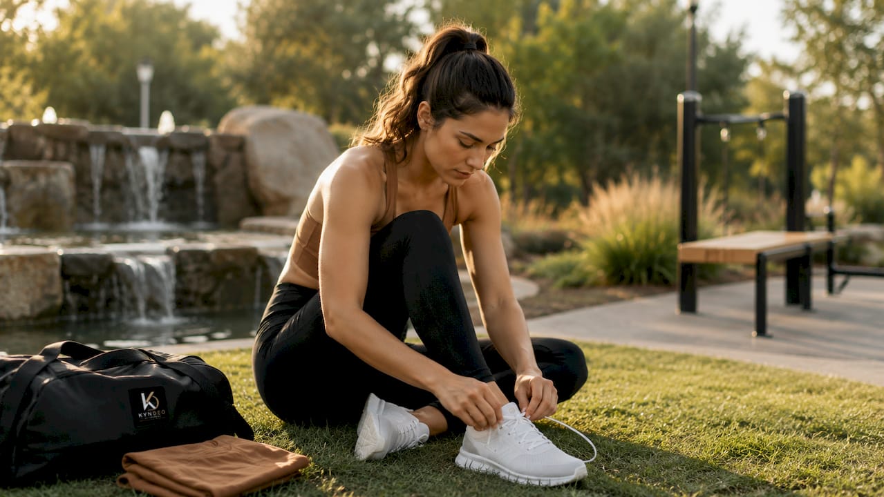Woman wearing nylon activewear leggings in studio