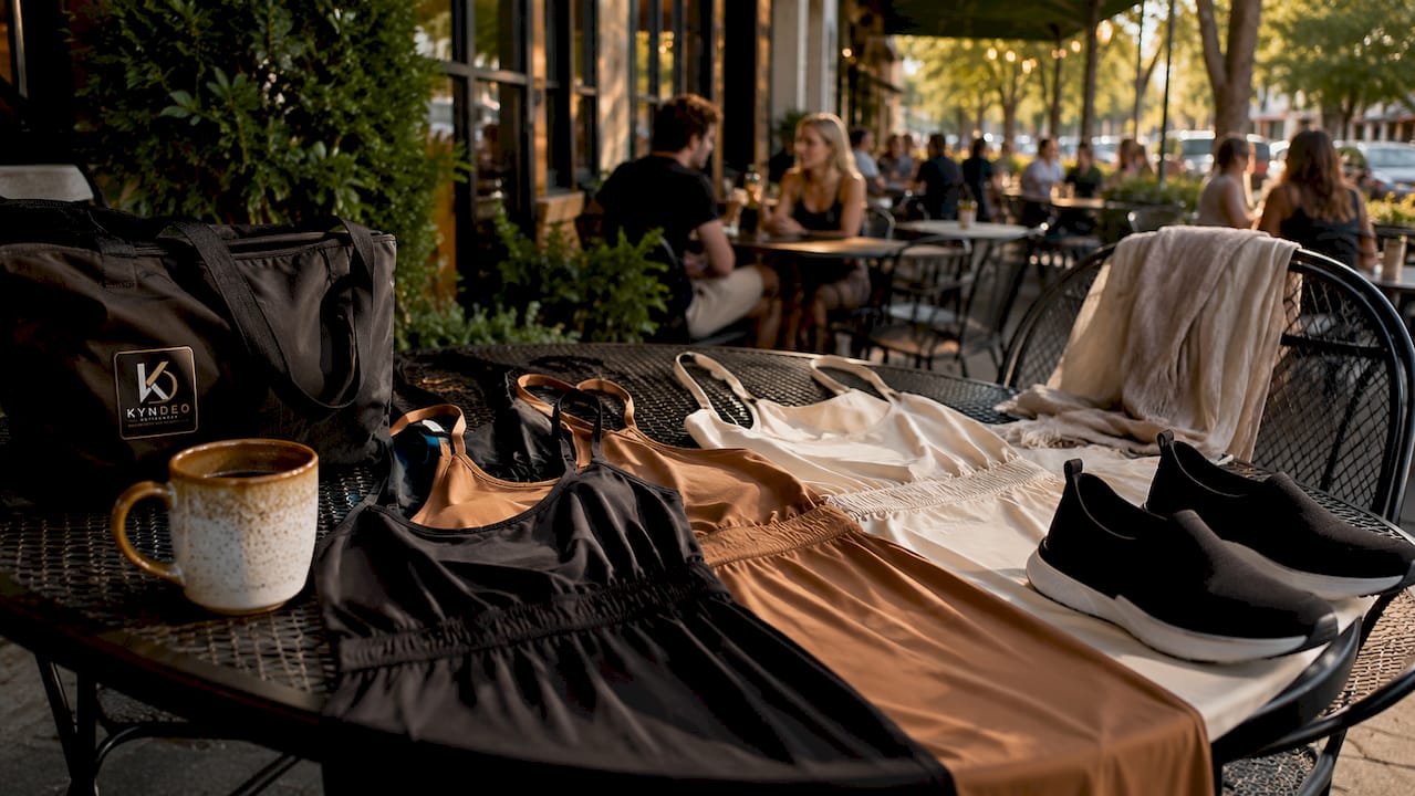 Activewear items displayed on park bench with coffee cup