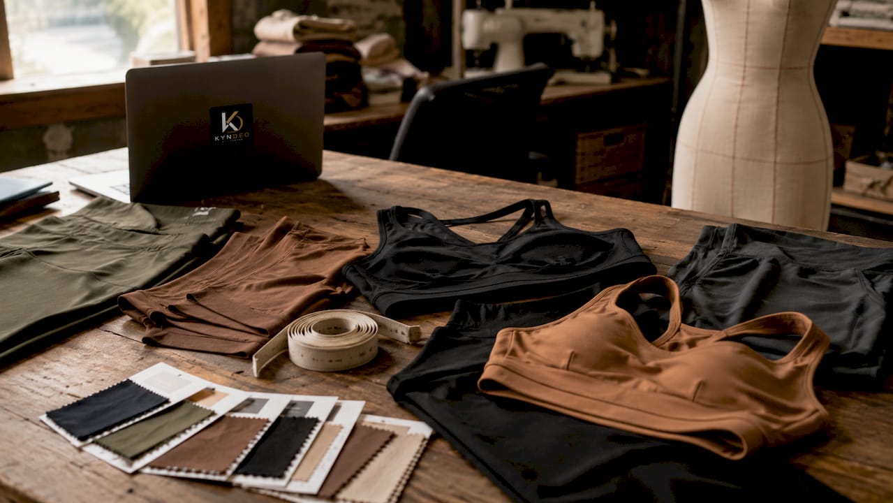 Measuring tape with activewear and fabric swatches on table