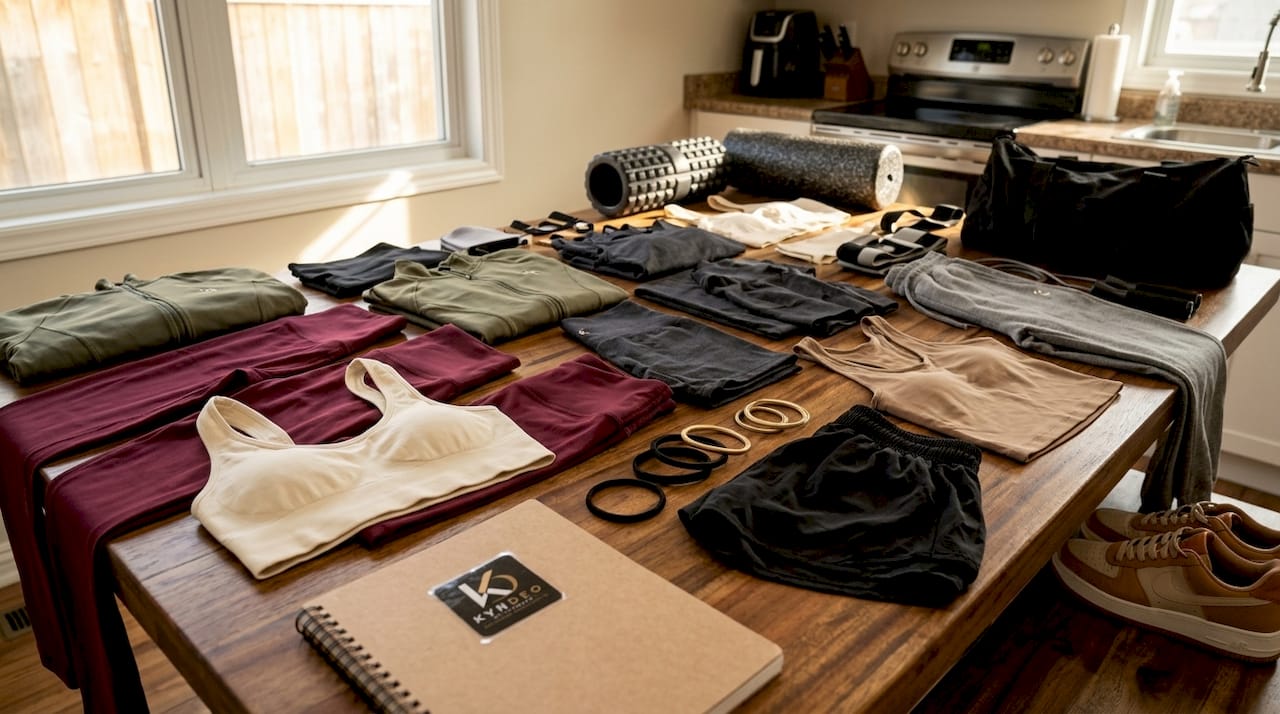 Flat lay of activewear essentials on textile