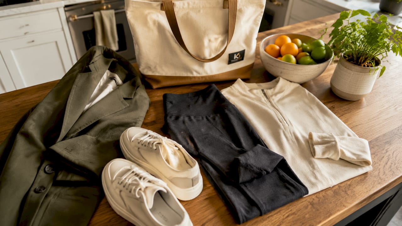 Close-up of smart casual activewear items arranged at home entrance
