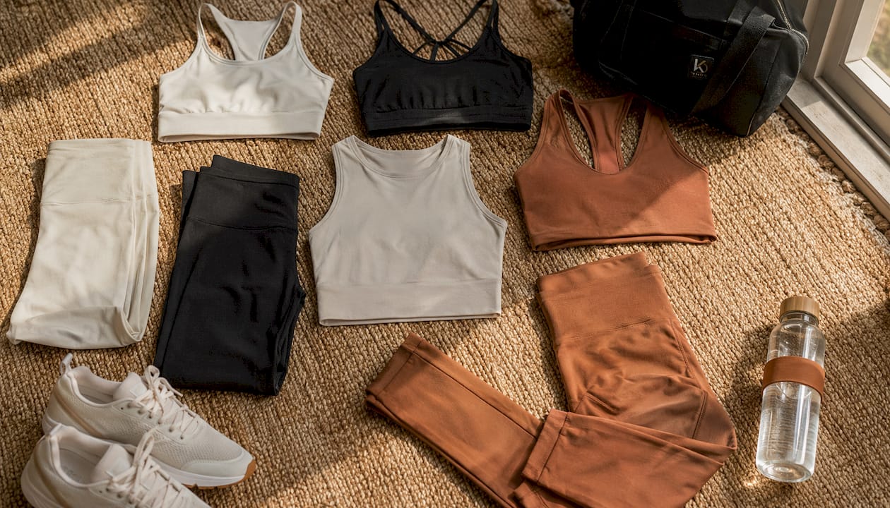 Flat lay of women's workout sets and accessories