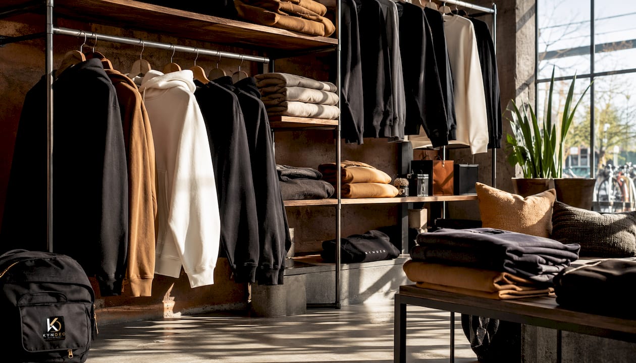 Retail display of oversized hoodies in store environment