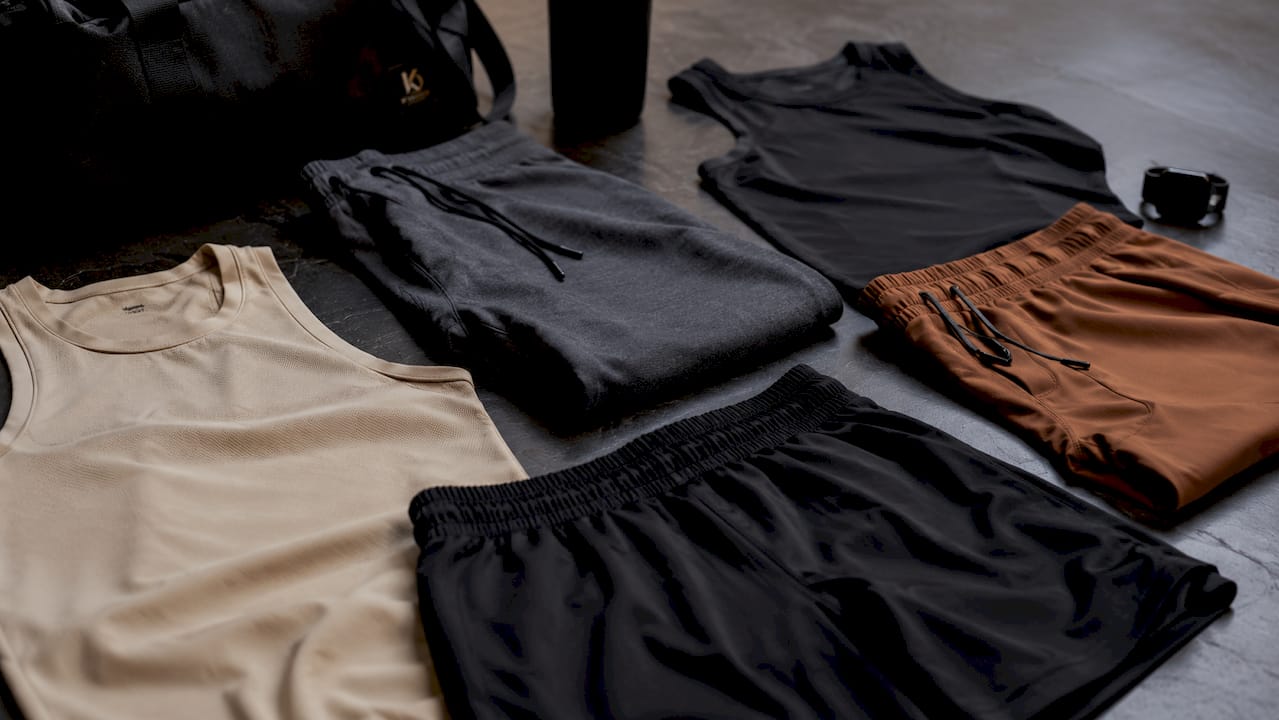 Flat lay of various men's activewear pieces