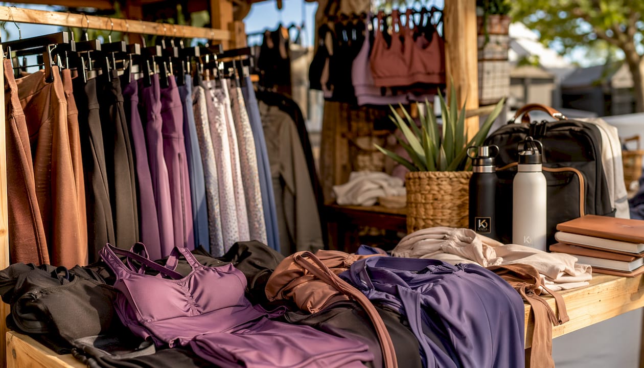 Store display of multiple women's activewear products