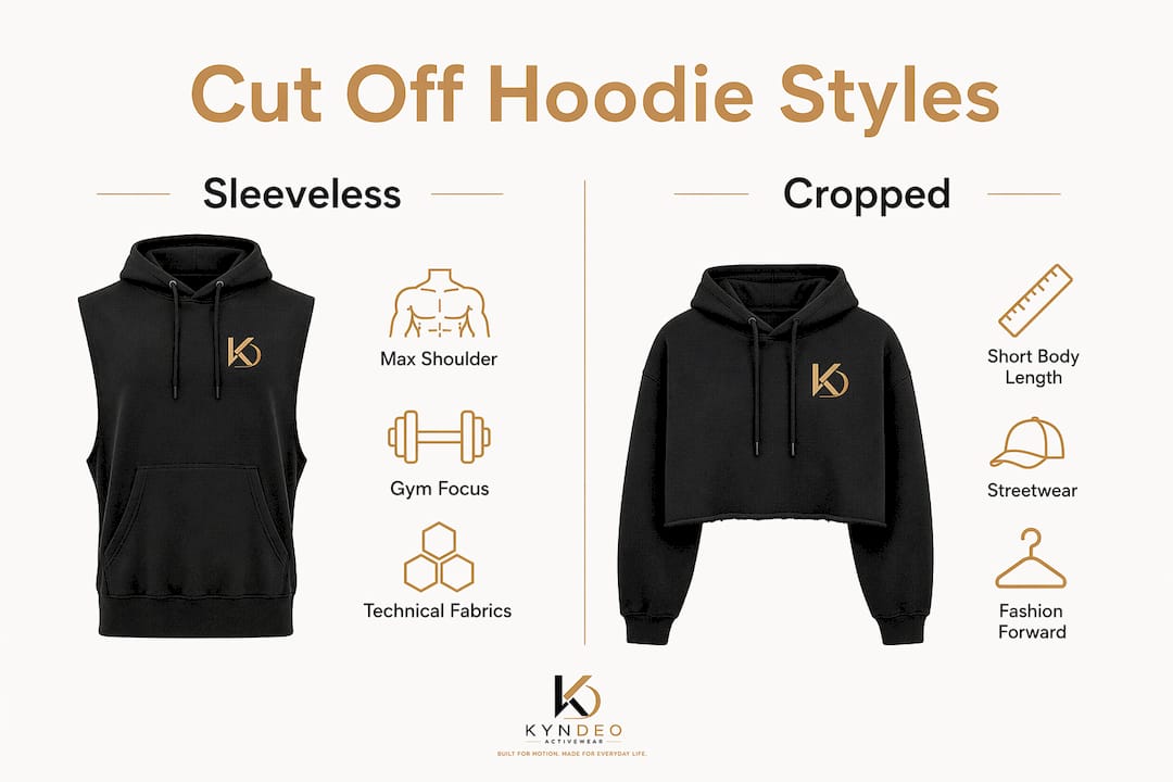 Infographic comparing sleeveless and cropped cut off hoodies