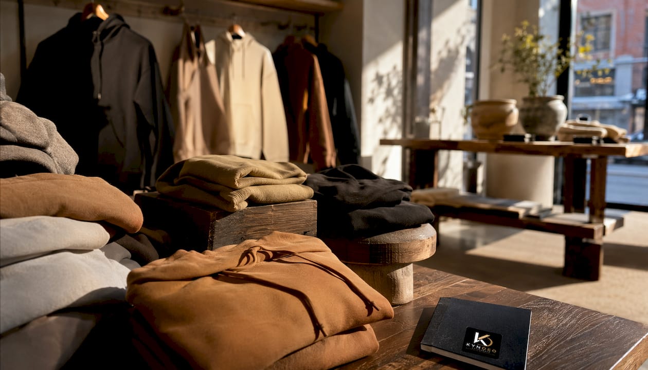 Photorealistic retail display of premium hoodies