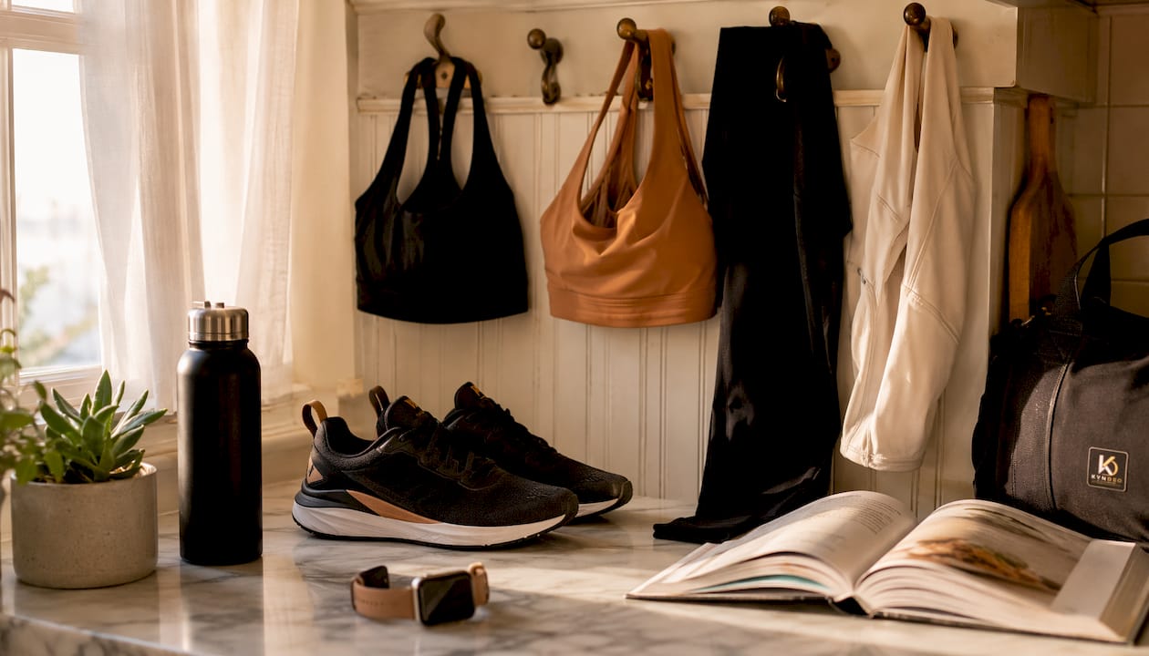 Kyndeoactivewear products arranged in bedroom corner
