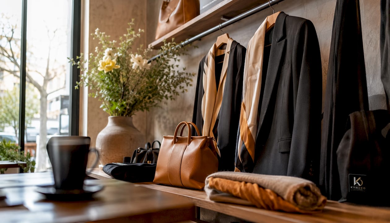 Luxury clothing brand product display in boutique