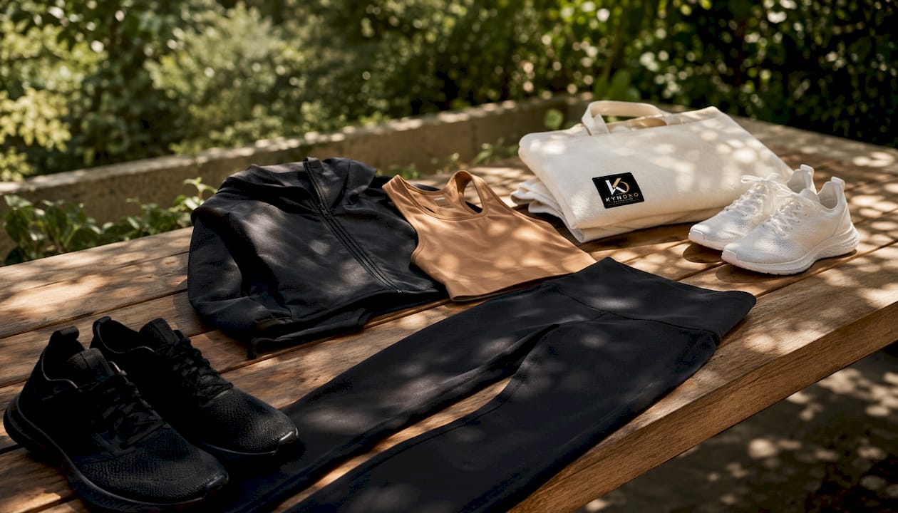 Minimalist athletic wardrobe pieces on rack