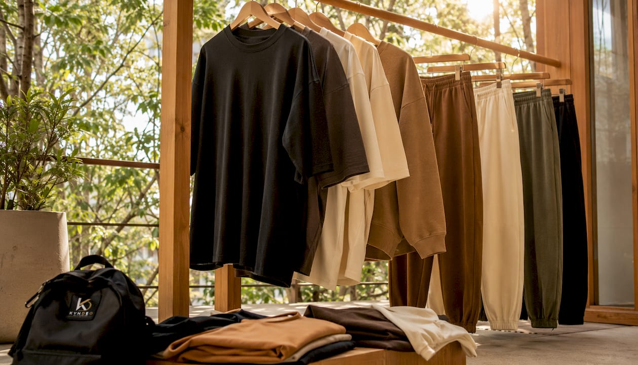 Activewear rack with relaxed fit pieces in store