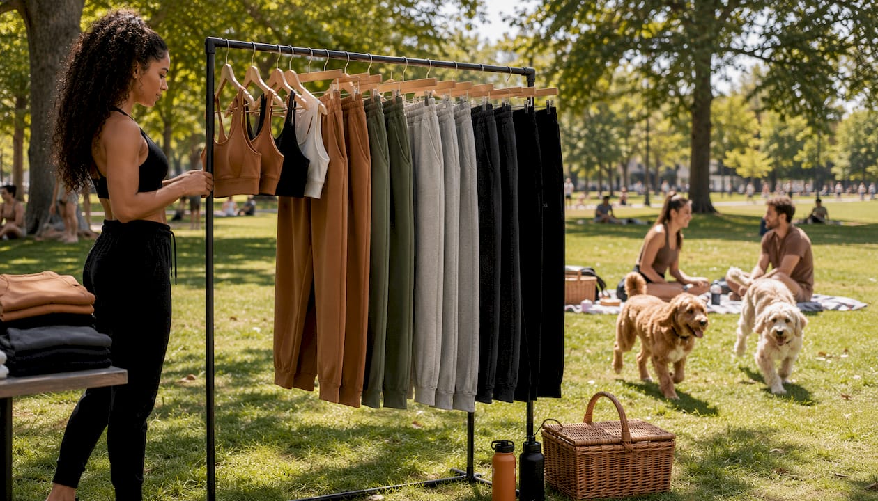 Store display of joggers and coordinating apparel