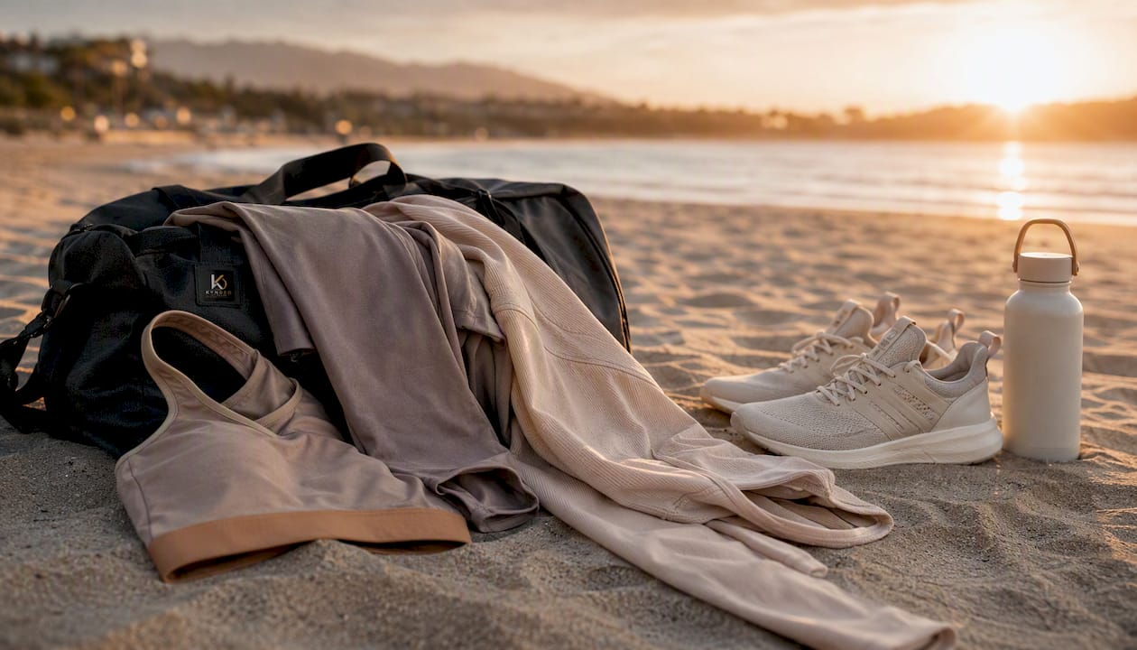 Gym bag with fitted neutral activewear pieces