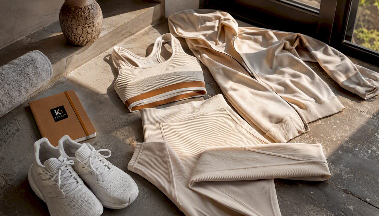 Cream gym outfit flat lay with accessories