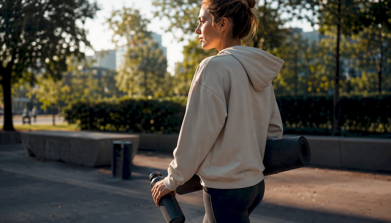 Person wearing versatile activewear in daily setting