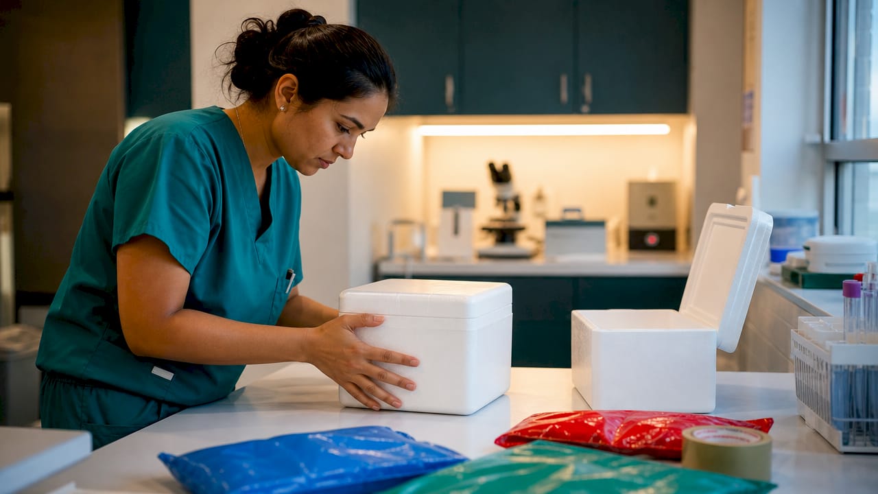 Technician sealing triple-pack specimen box for courier
