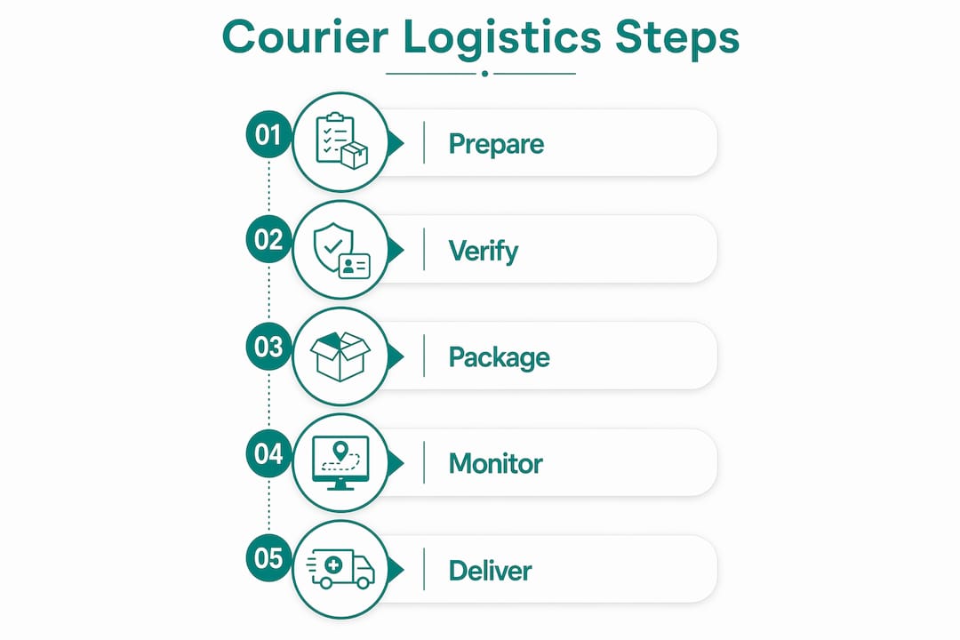 Infographic illustrating five steps of specimen courier logistics