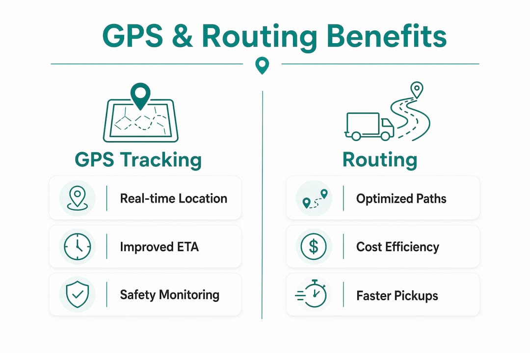 Infographic comparing GPS tracking and routing benefits in medical courier services