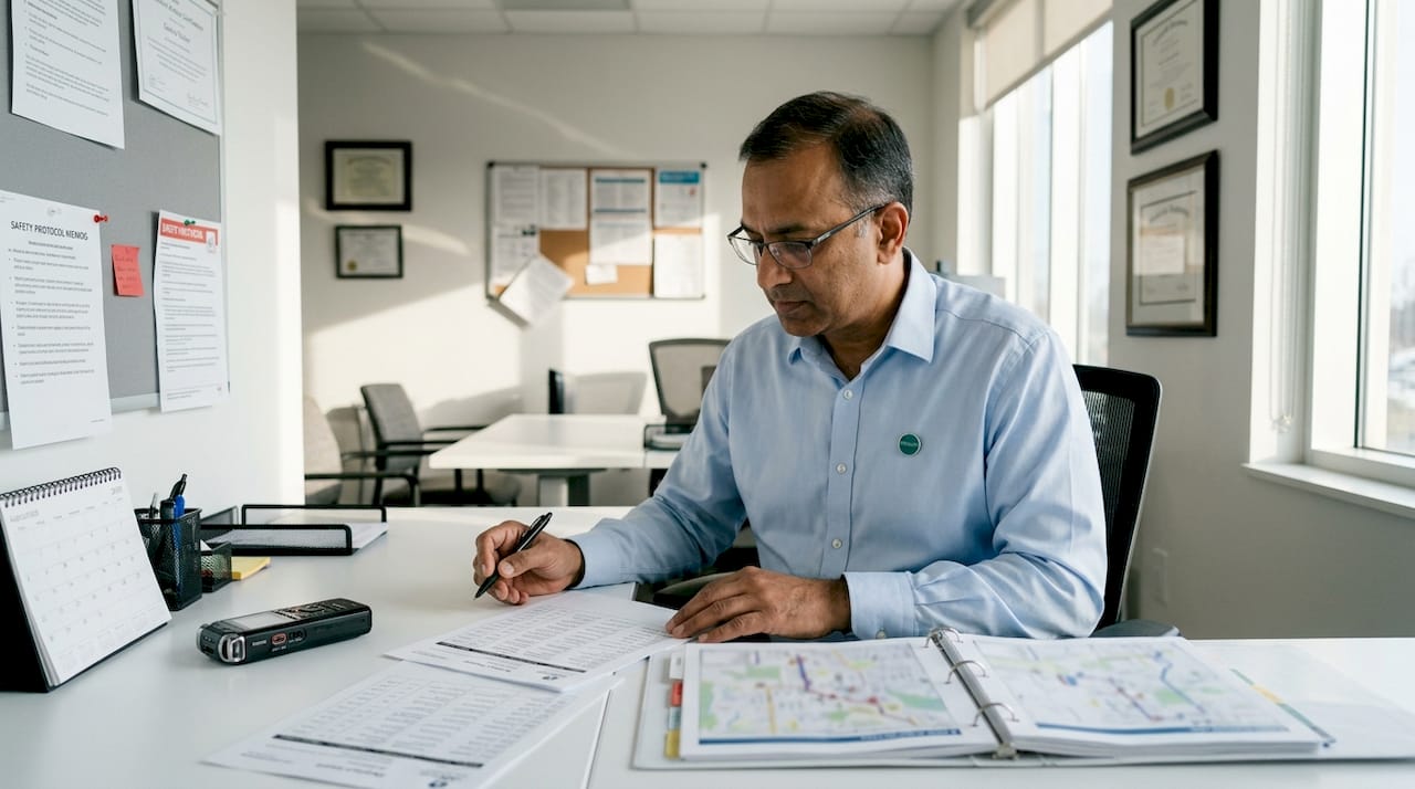 Courier reviewing shipping documents in office