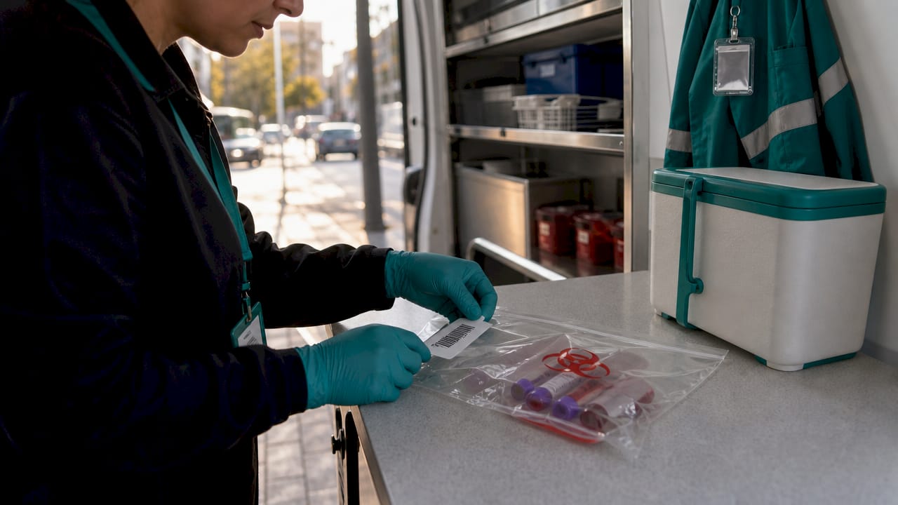 Hands labeling specimen for secure medical transport
