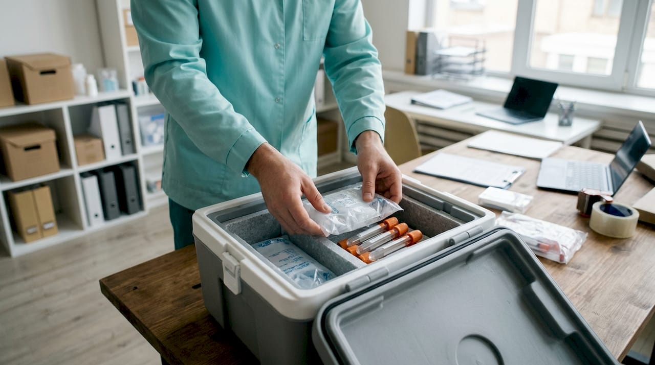 Courier packing blood samples with ice packs