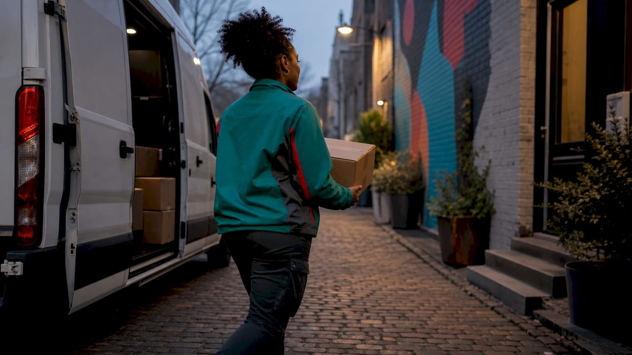 Courier unloading packages from a delivery van outdoors