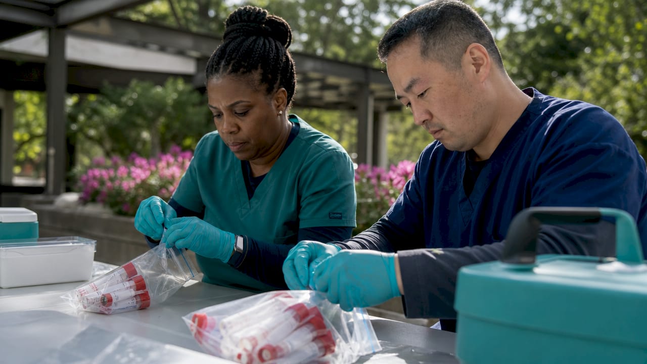 Healthcare staff packaging urgent lab specimens