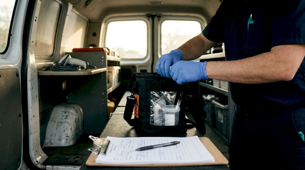 Courier sealing urgent medical specimen for transport