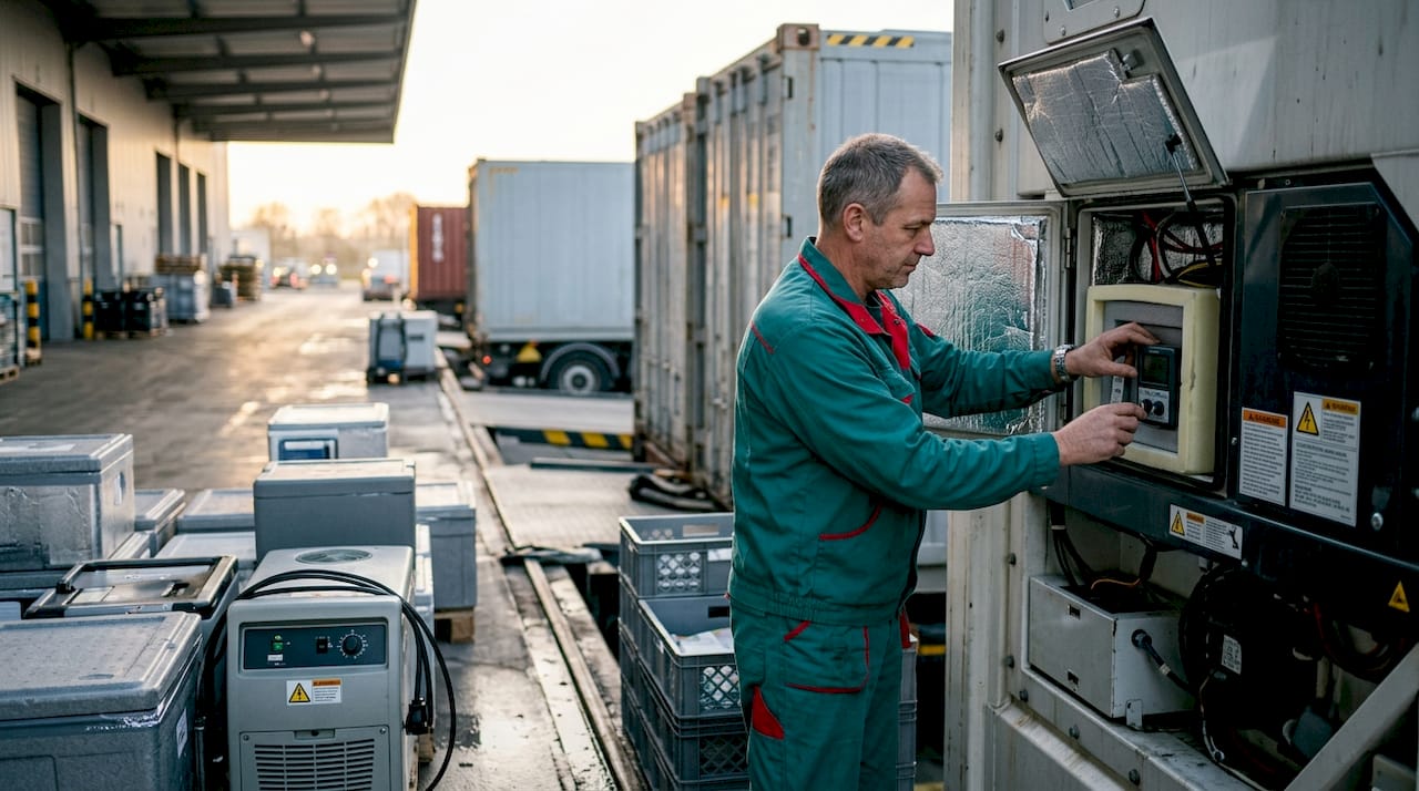 Technician preparing active refrigerated transport equipment
