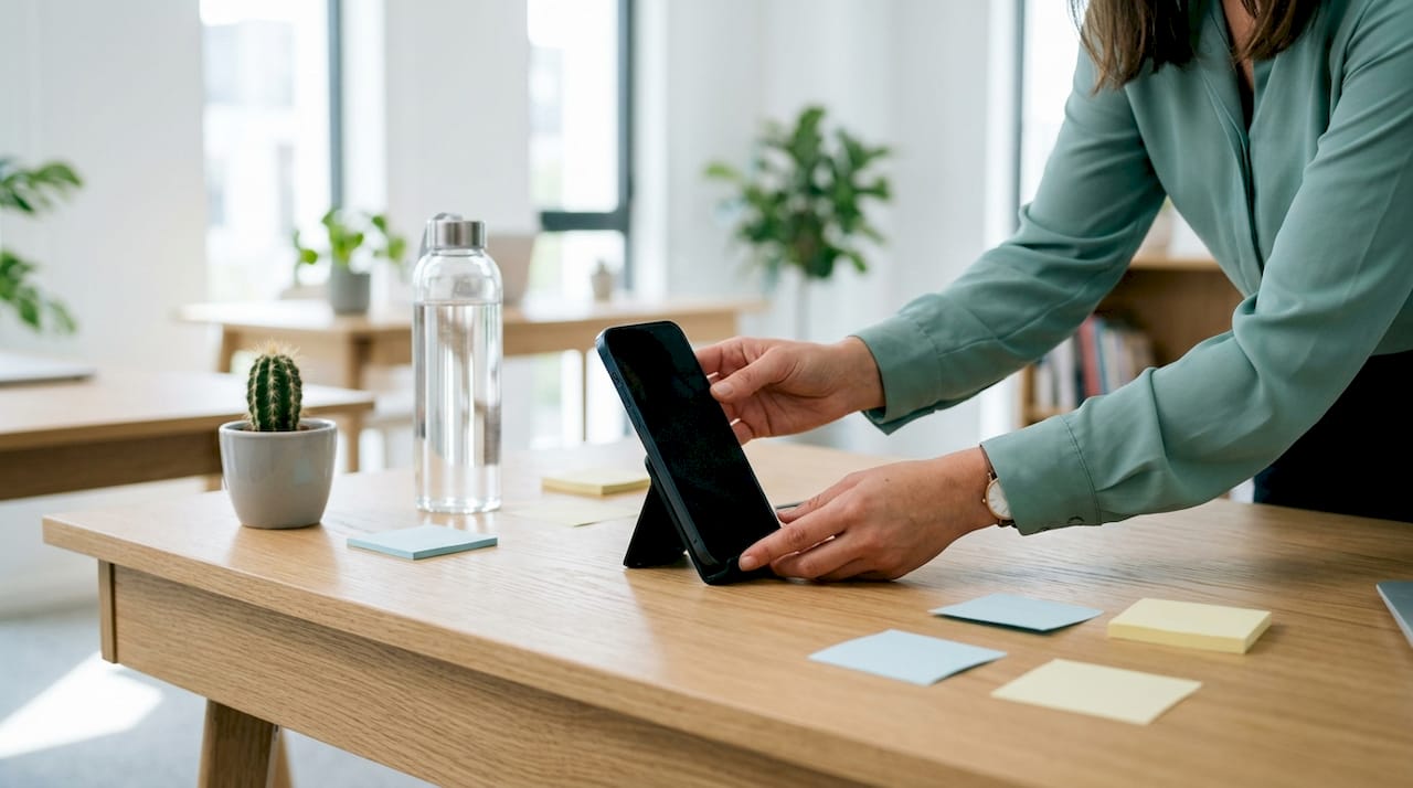 Hands adjusting smartphone for telehealth
