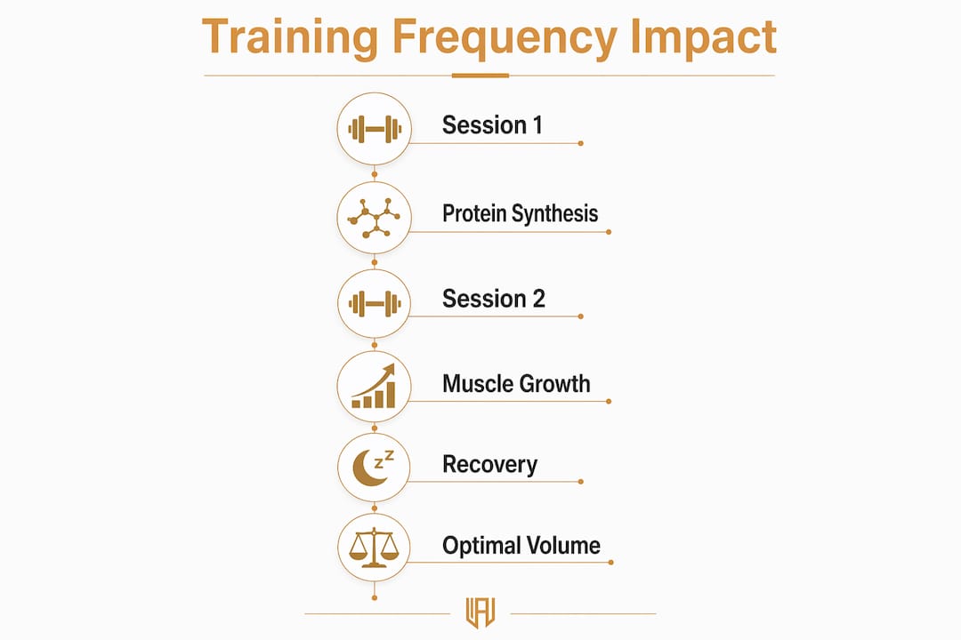 Infographic illustrating training frequency stages and muscle growth