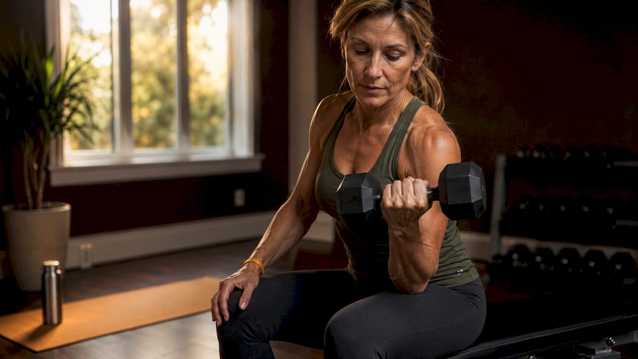Woman lifting dumbbell in home gym