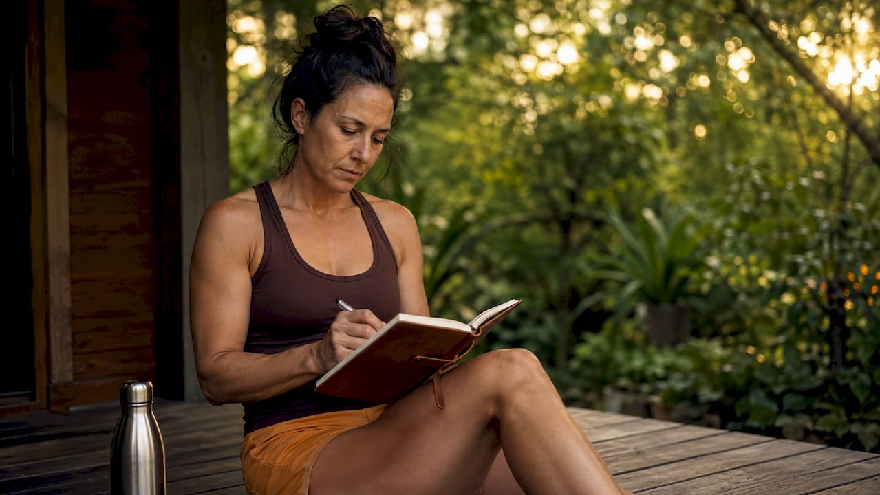 Hands calculating volume load in workout journal