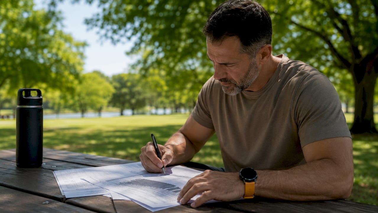 Man planning strength training at cafe table