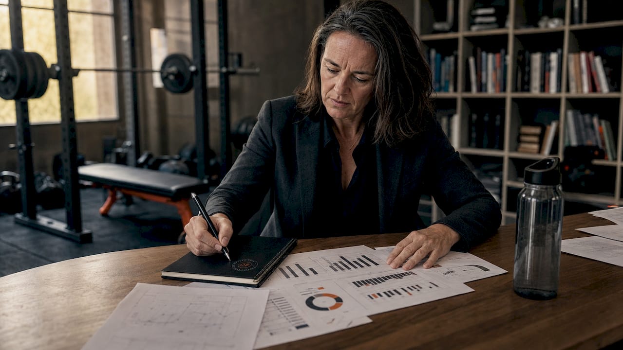 Middle-aged female scientist reviewing printed fitness data