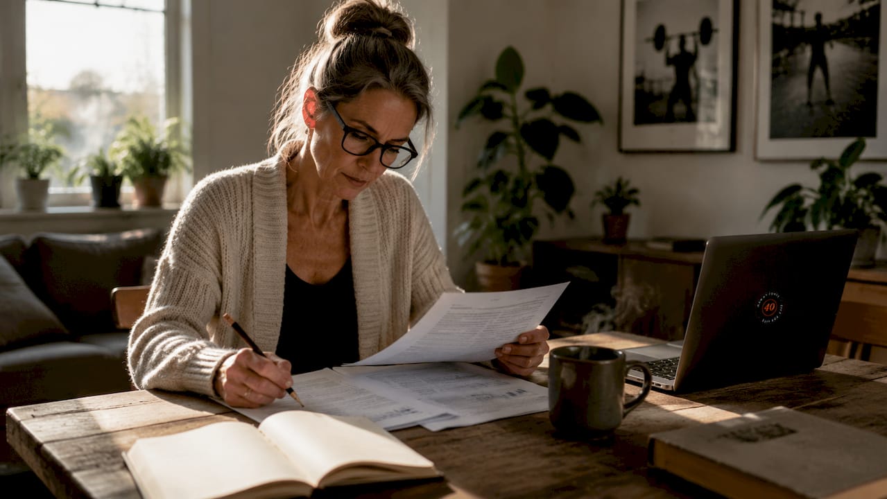 Older female trainer reviewing scientific research papers
