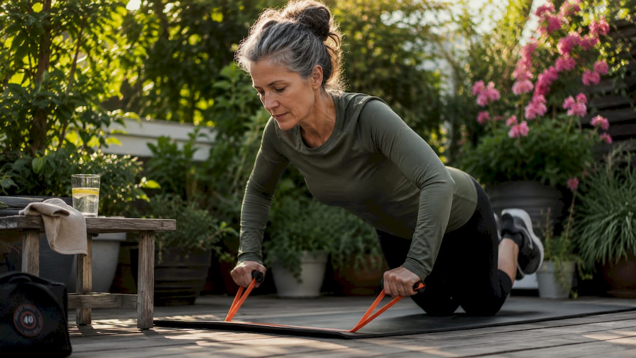 Mature woman doing resistance band exercises indoors