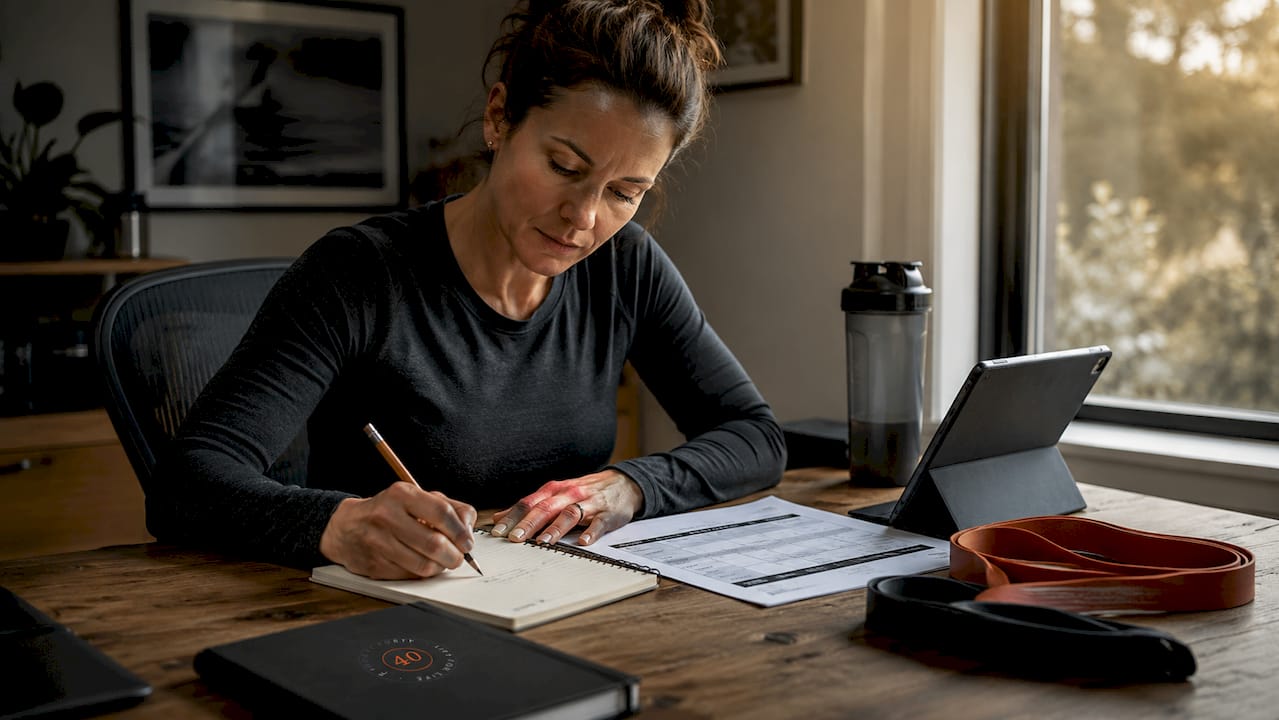 Woman organizing strength training schedule at table